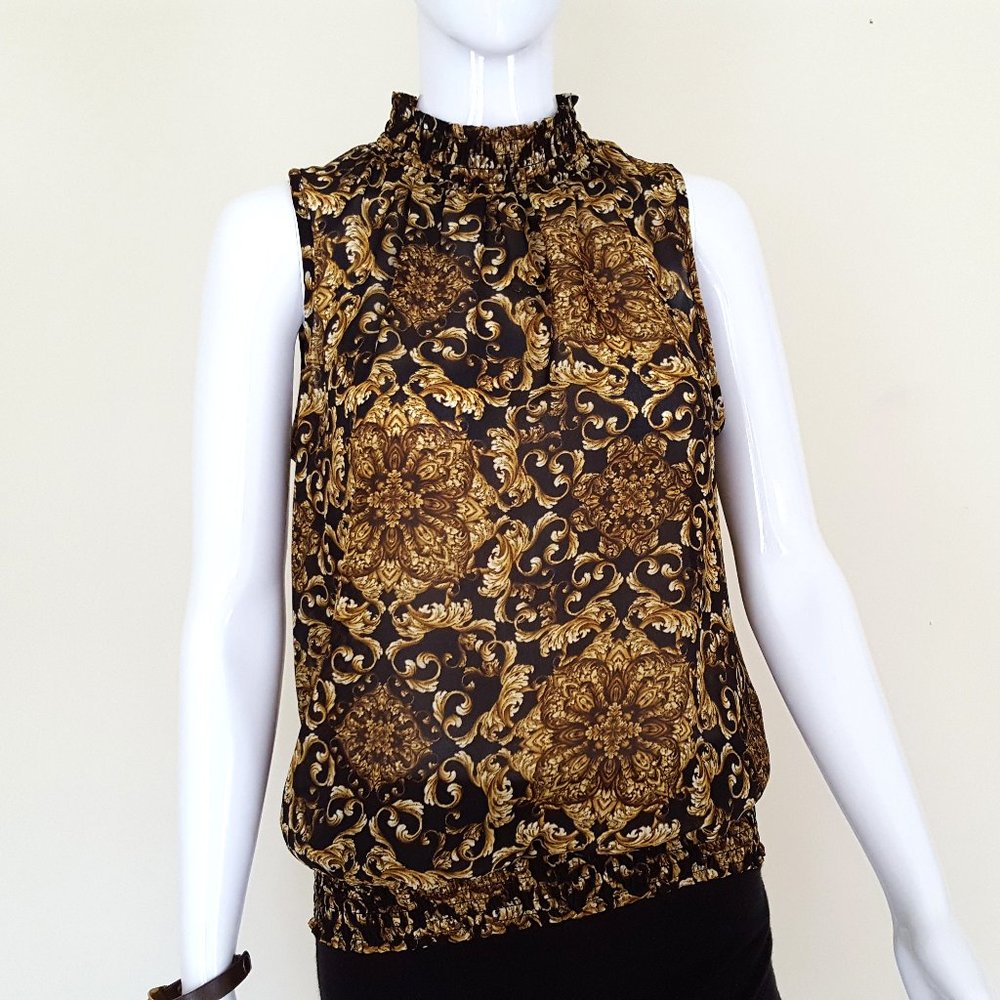 Baroque Renaissance Pattern Mock Neck Sleeveless Blouse Top Gold Black Size M